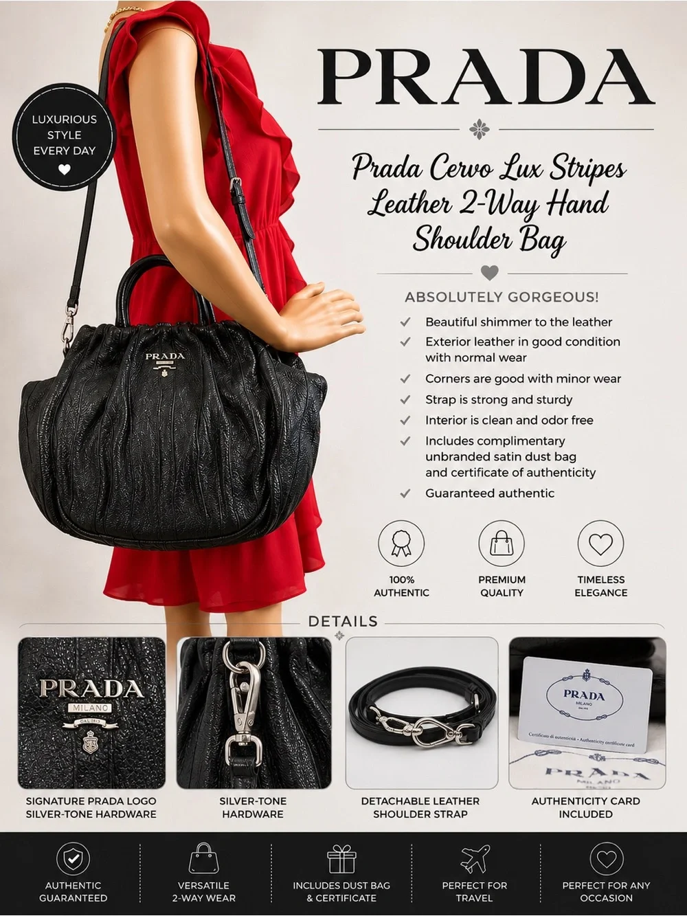 Prada Cervo Lux Stripes Leather 2Way Hand Shoulder Bag